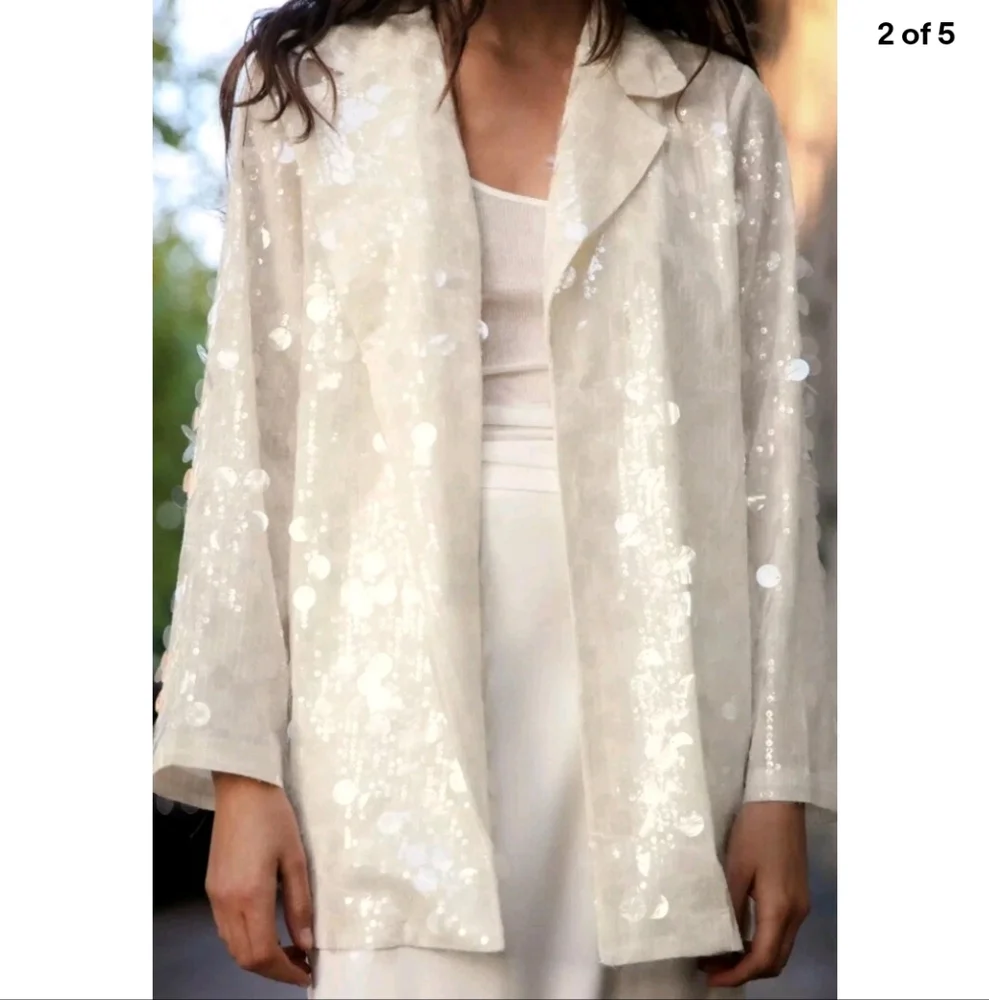 ZARA SEQUIN OPEN FRONT BLAZER Size S Cream - Picture 14 of 16